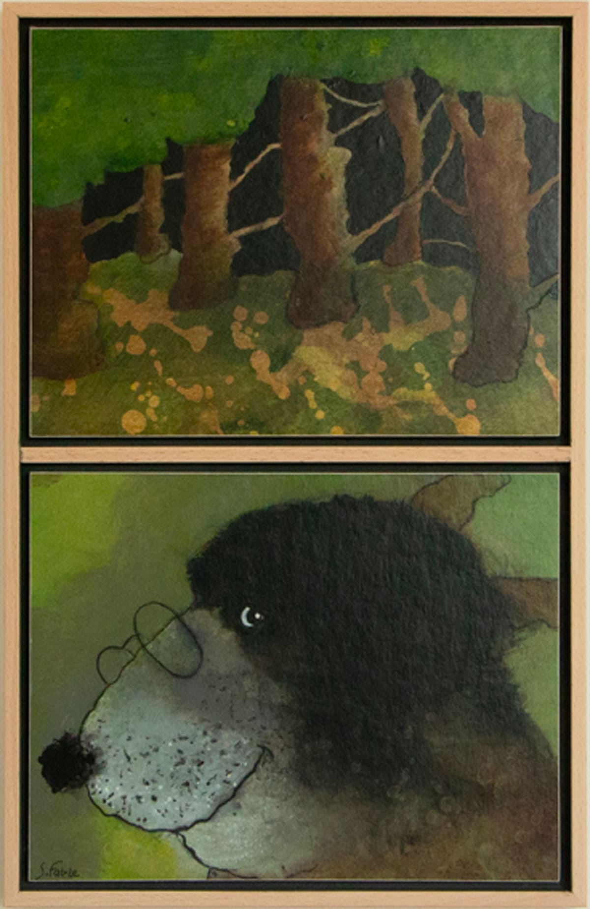 Le loup dans la forêt / Diptyque - Peinture  de Sophie Favre