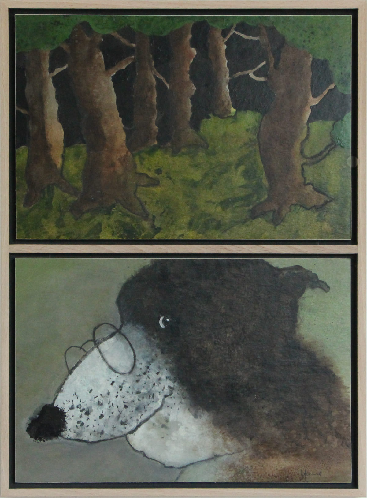 Le loup dans la forêt / Diptyque - Peinture  de Sophie Favre