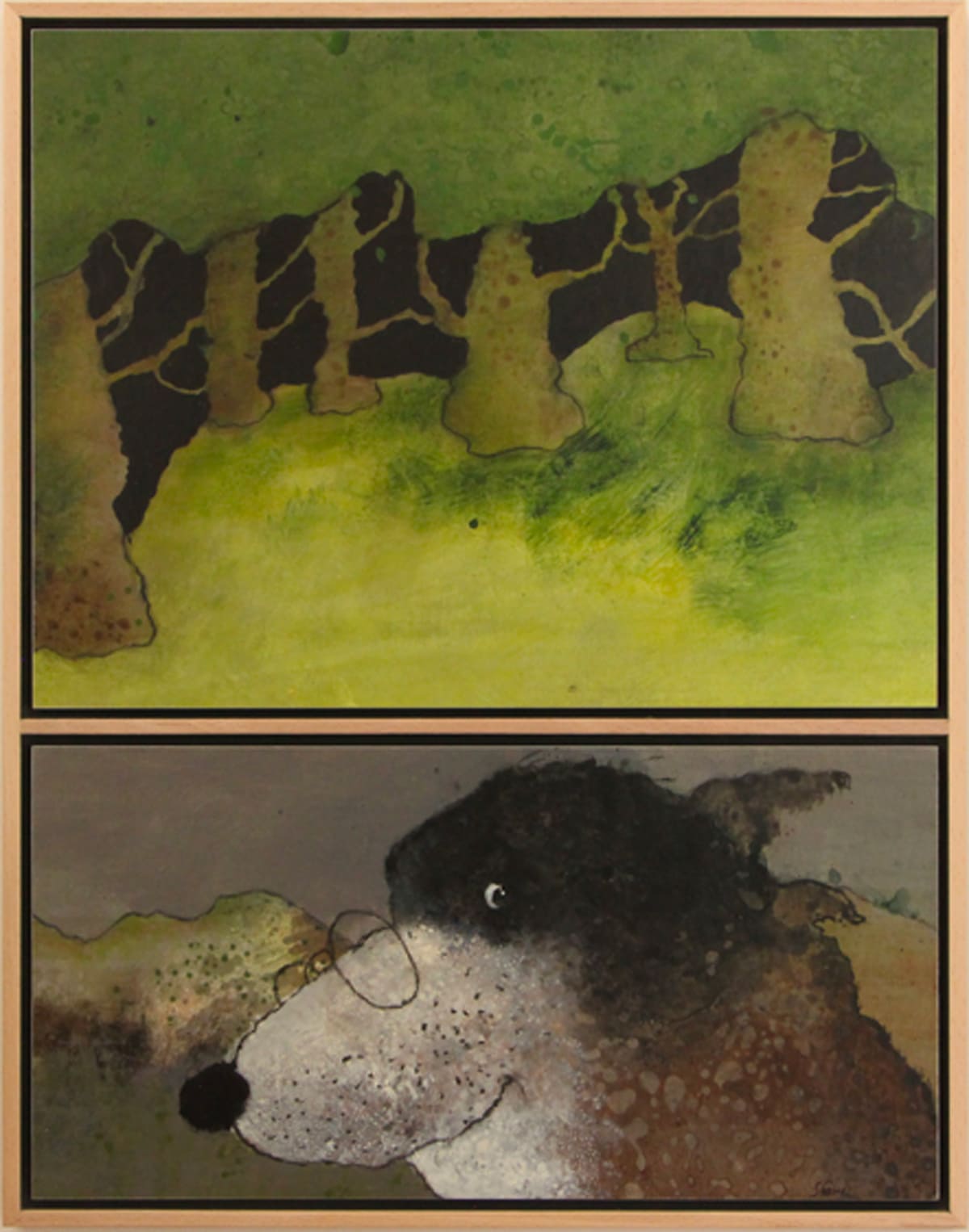 Le loup dans la forêt / Diptyque - Peinture  de Sophie Favre